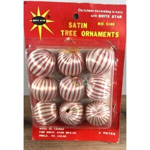 9 Brite Star Red & White Miniature Satin Christmas Ornaments NOS NEW Taiwan VTG